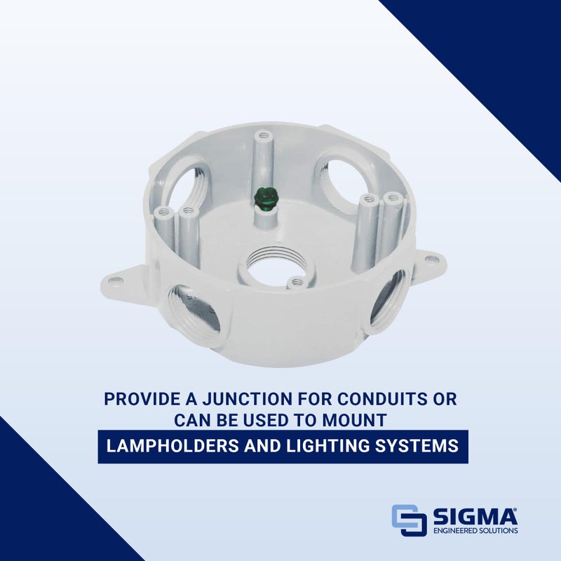 SIGMA ENGINEERED SOLUTIONS 143854 Round Metal Electrical Outlet Box, Weatherproof, Easy Mount, White, (5) 1/2-Inch Holes - Image 2